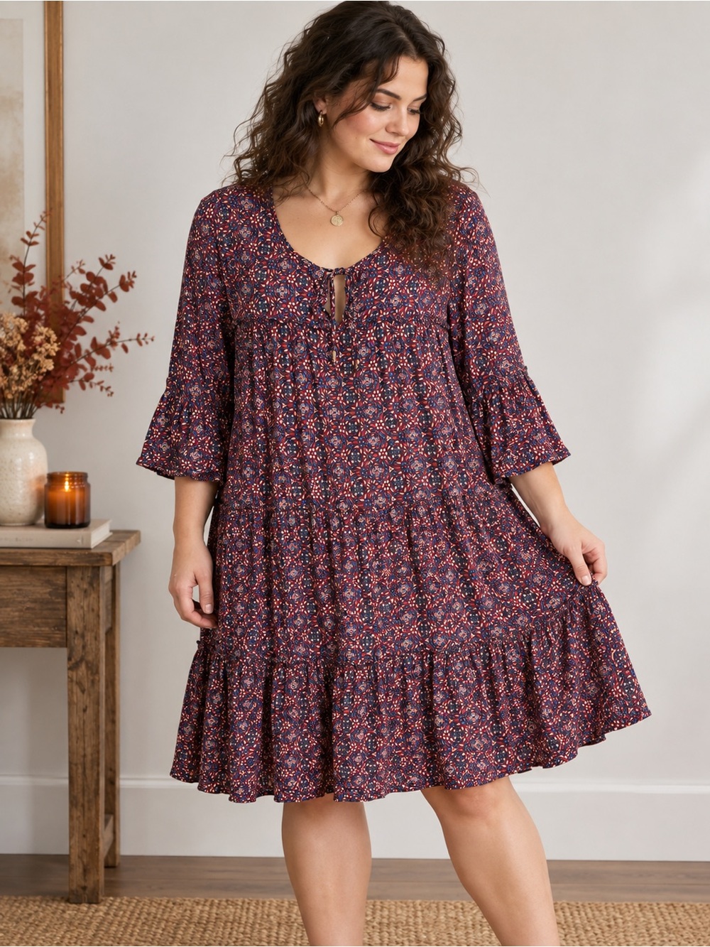 Suzanne Betro Tiered Rayon Floral Dress Boho Burgundy Blue XL
